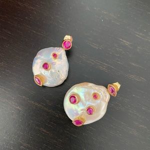 Gold Ruby Baroque Pearl Earrings